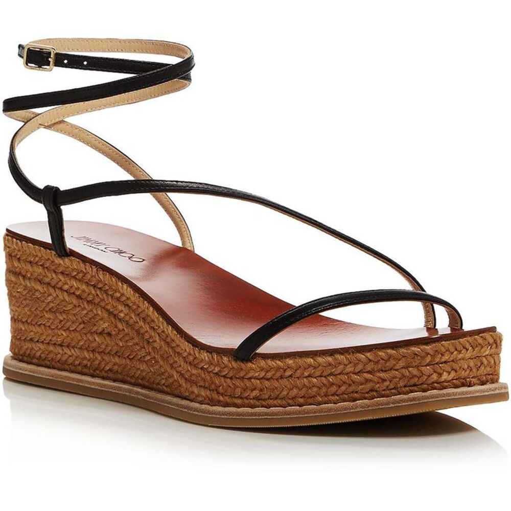 Jimmy Choo Womens Drive 60 Black Leather Open Toe Wedge Sandals Shoes NWT